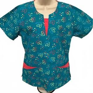 MNJ WOMENS‎ SIZE XSMALL SCRUB TOP YELLOW AND PINK HEARTS NEW WITH TAGS
